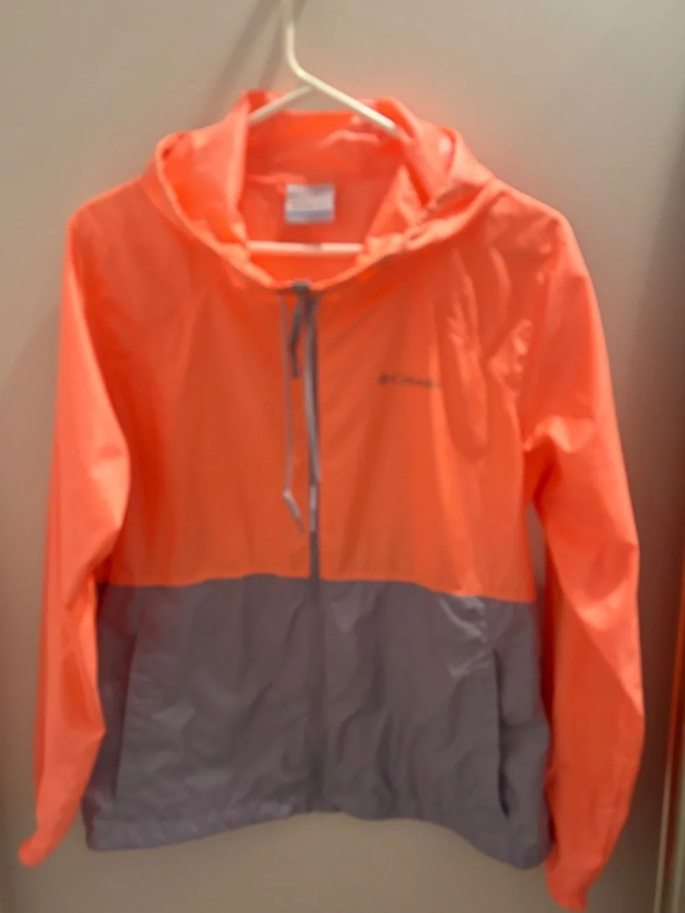 Columbia Full Zip, Hoodie Wind Breaker in Orange and Gray.